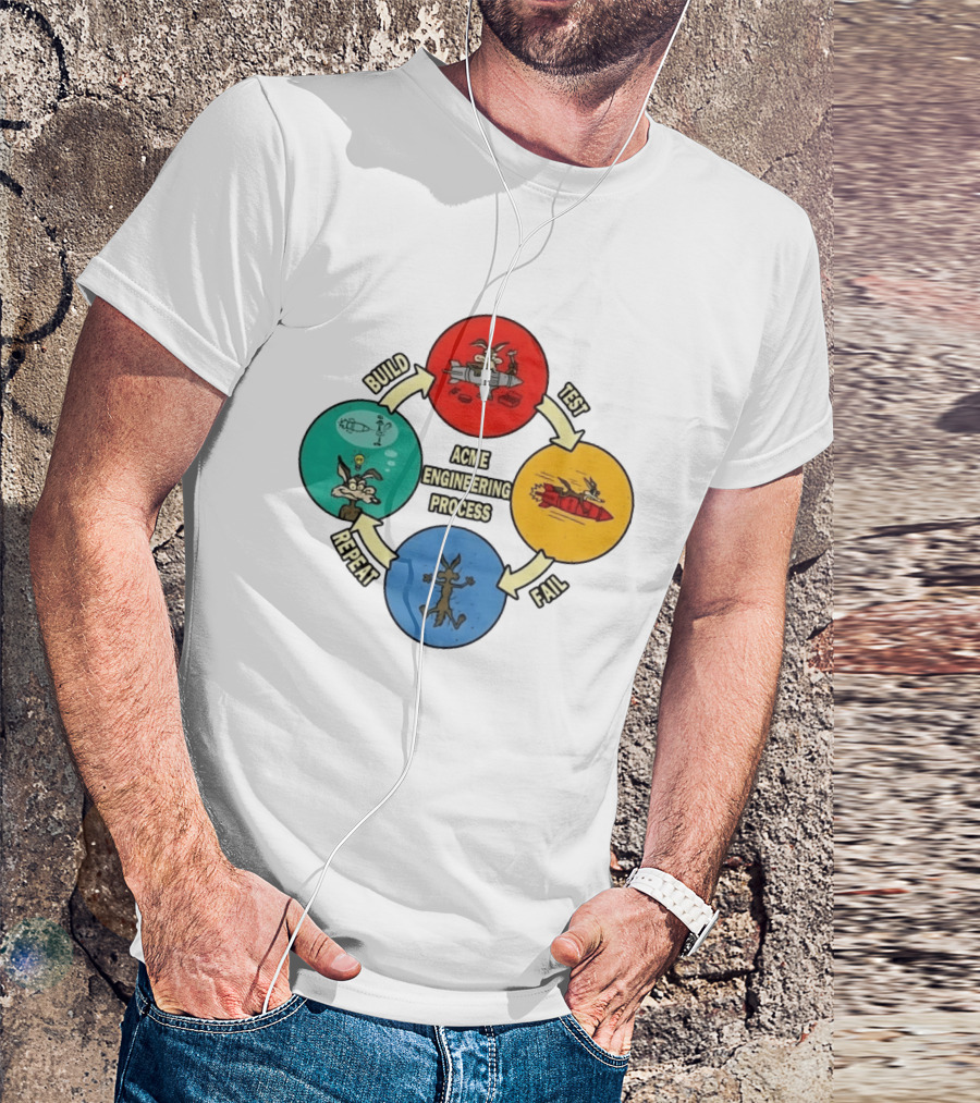 Wile E Coyote Acme Engineering Process Build Test Fail Repeat Cycle T-Shirt