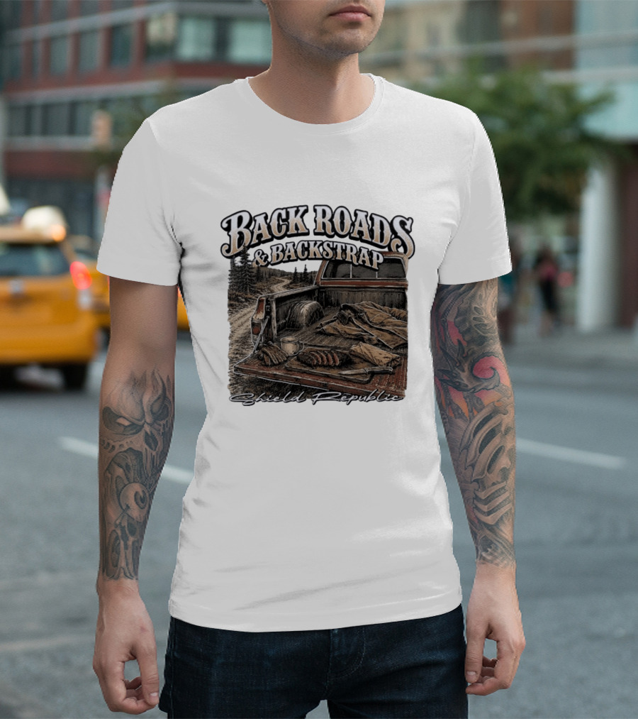 Back Roads & Backstrap Shield Republic Hunting Truck Scene T-Shirt