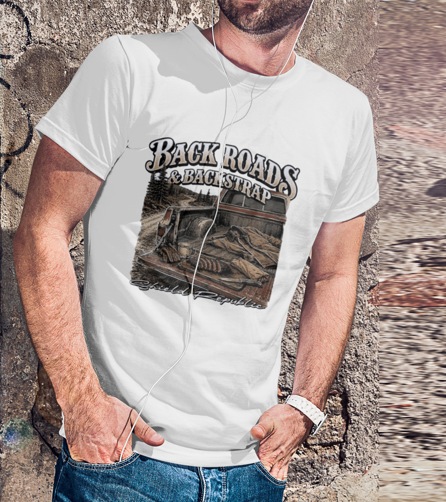 Back Roads & Backstrap Shield Republic Hunting Truck Scene T-Shirt