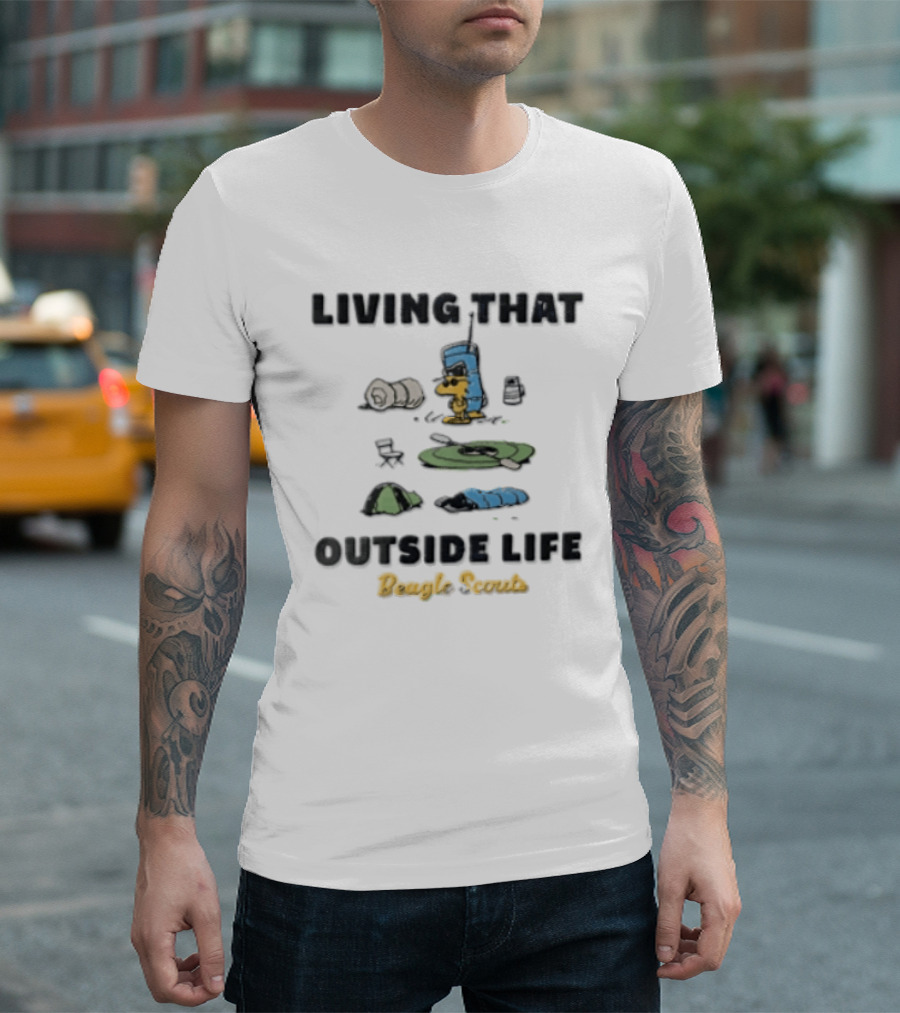 Living That Outside Life Beagle Scouts Woodstock Camping Est 1974 Distressed Cartoon T-Shirt