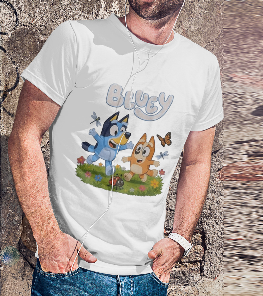 Bluey And Friends Playing With Bugs And Butterflies In The Meadow T-Shirt