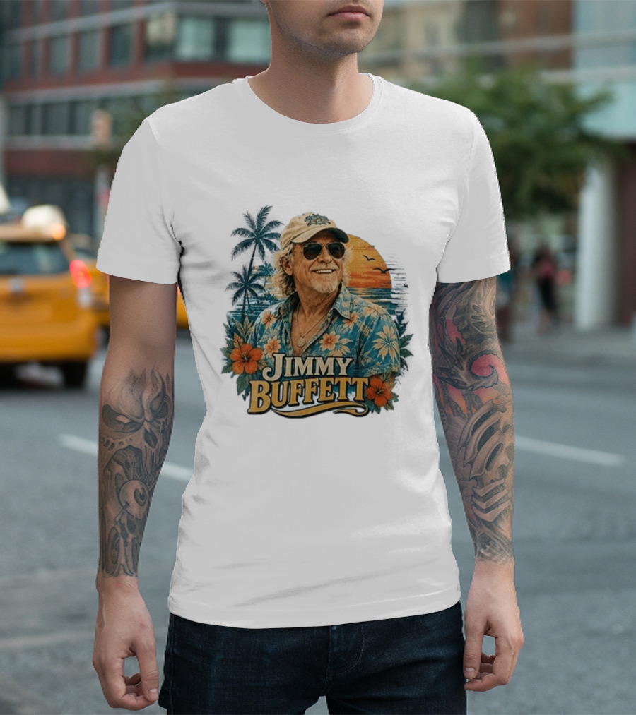 Jimmy Buffett Tropical Vibes Sunset And Palm Trees Floral T-Shirt