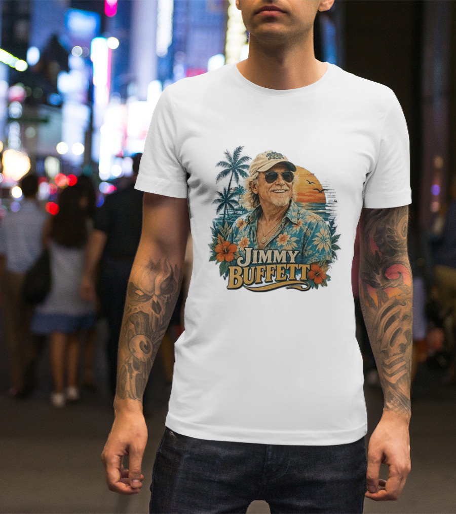 Jimmy Buffett Tropical Vibes Sunset And Palm Trees Floral T-Shirt