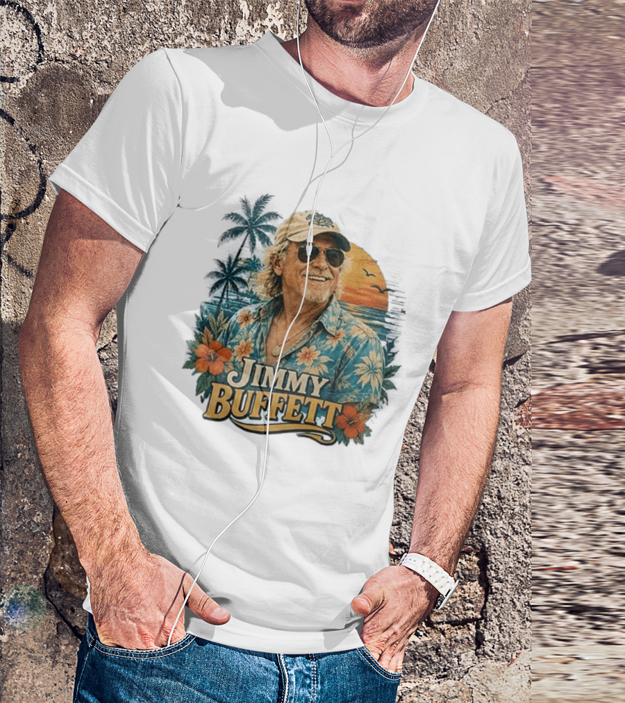 Jimmy Buffett Tropical Vibes Sunset And Palm Trees Floral T-Shirt