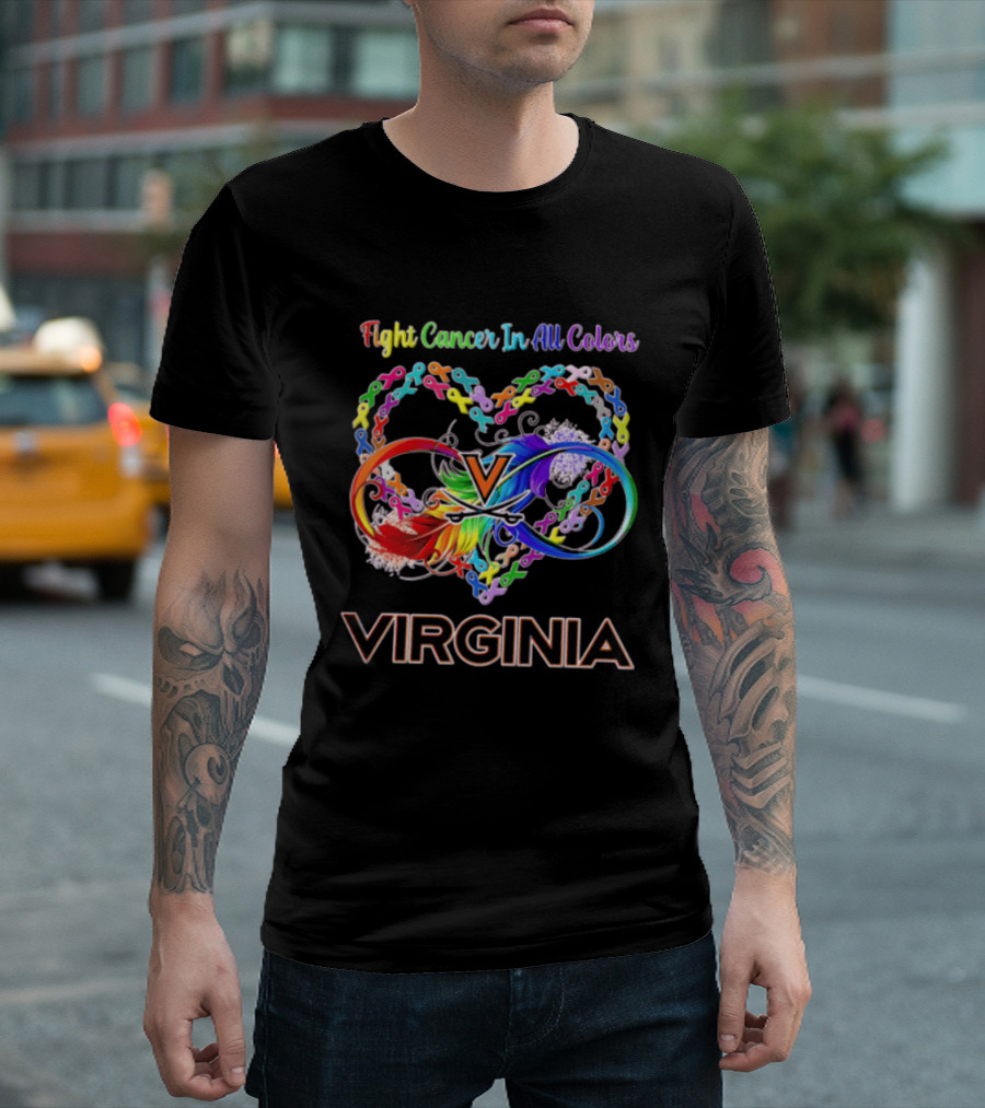 Virginia Cavaliers Fight Cancer In All Colors Ribbon Heart Rainbow Feather Infinity T-Shirt