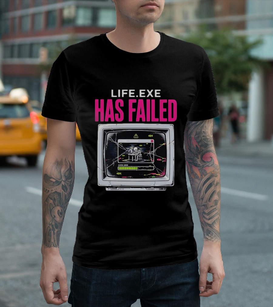 Lifeexe Has Failed System Error 404 Skeleton Computer Retro Monitor T-Shirt
