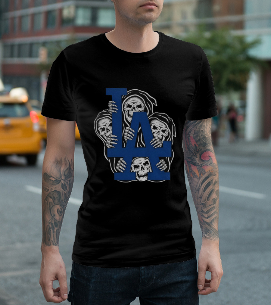 Skeletons Behind LA Dodgers Blue T-Shirt