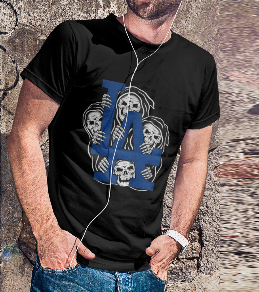 Skeletons Behind LA Dodgers Blue T-Shirt