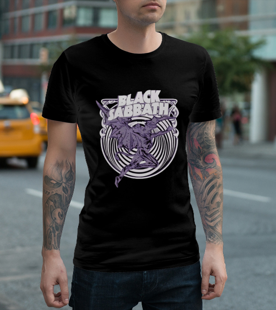 Black Sabbath Flying Devil With Striped Background Iconic Heavy Metal T-Shirt