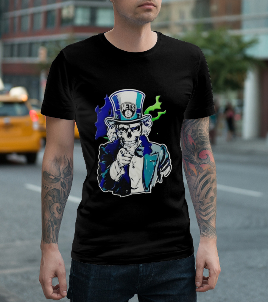 Brooklyn Nets Skeleton Uncle Sam Top Hat Pointing Stripes T-Shirt