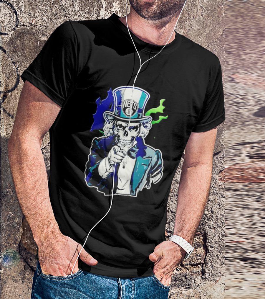 Brooklyn Nets Skeleton Uncle Sam Top Hat Pointing Stripes T-Shirt