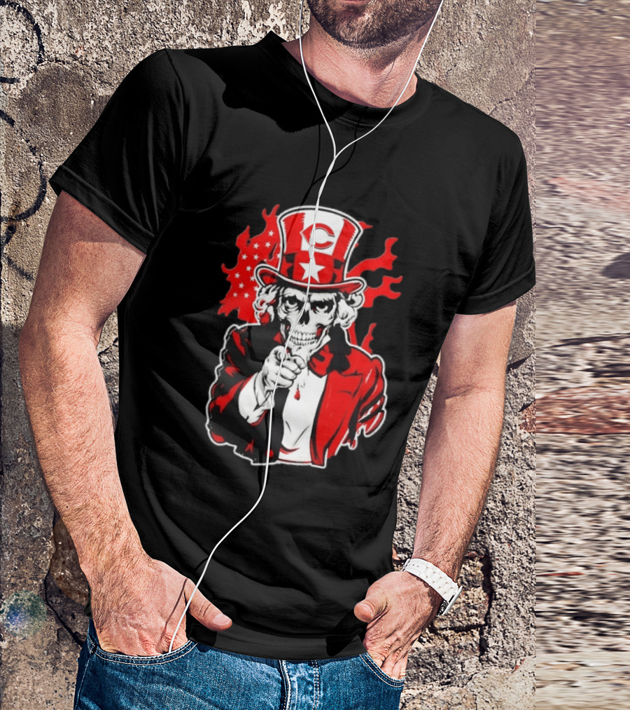 Cincinnati Reds Skeleton Uncle Sam Pointing US Flag Flames T-Shirt