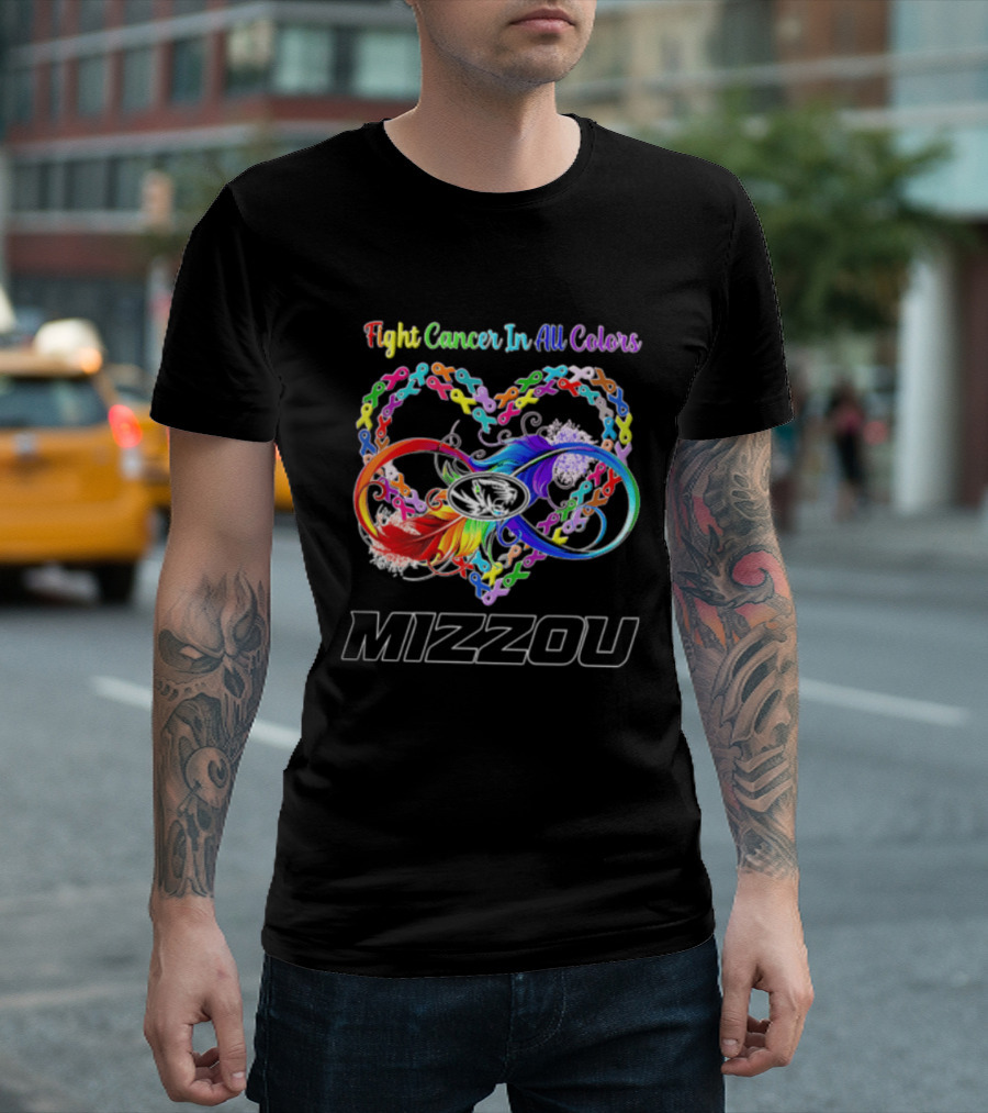 Mizzou Fight Cancer In All Colors Heart Infinity Ribbon Rainbow Feather T-Shirt