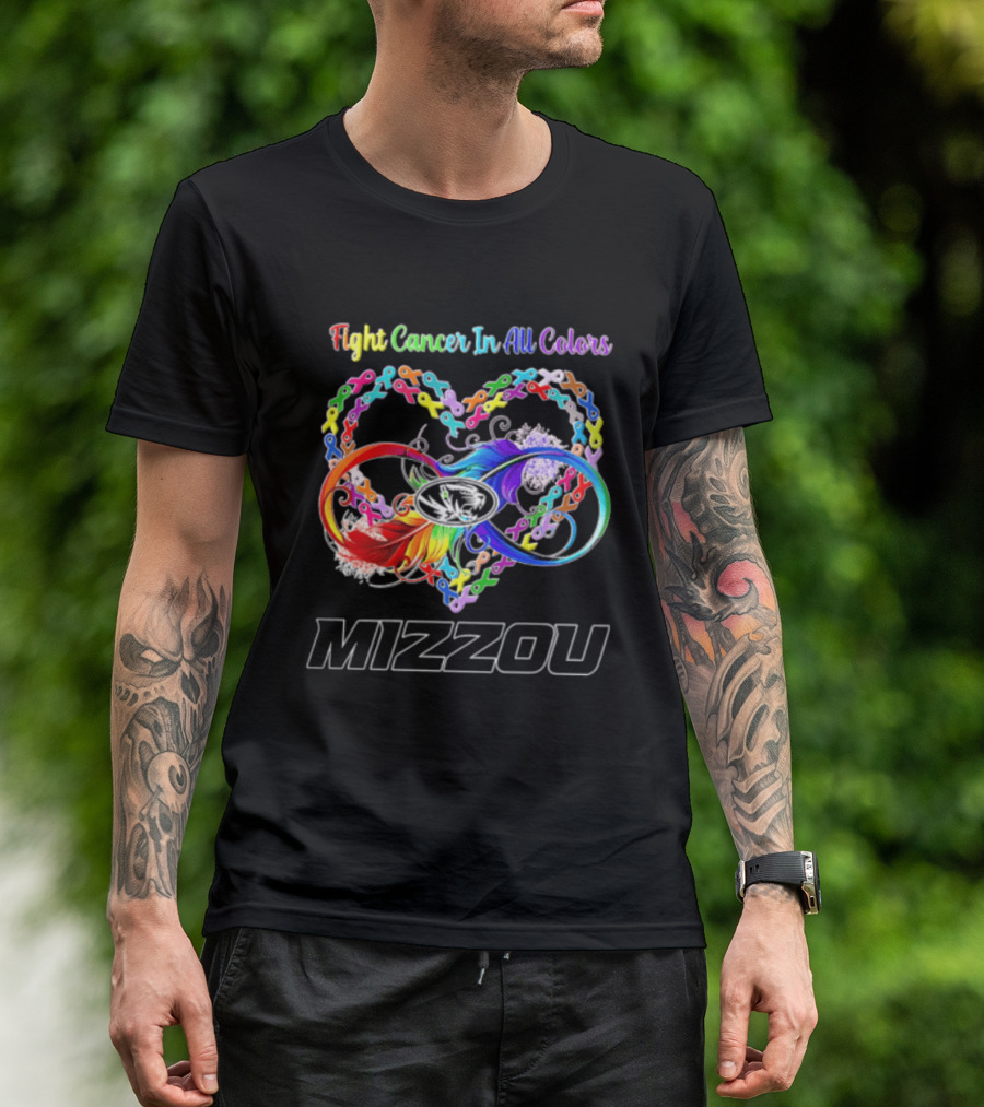 Mizzou Fight Cancer In All Colors Heart Infinity Ribbon Rainbow Feather T-Shirt