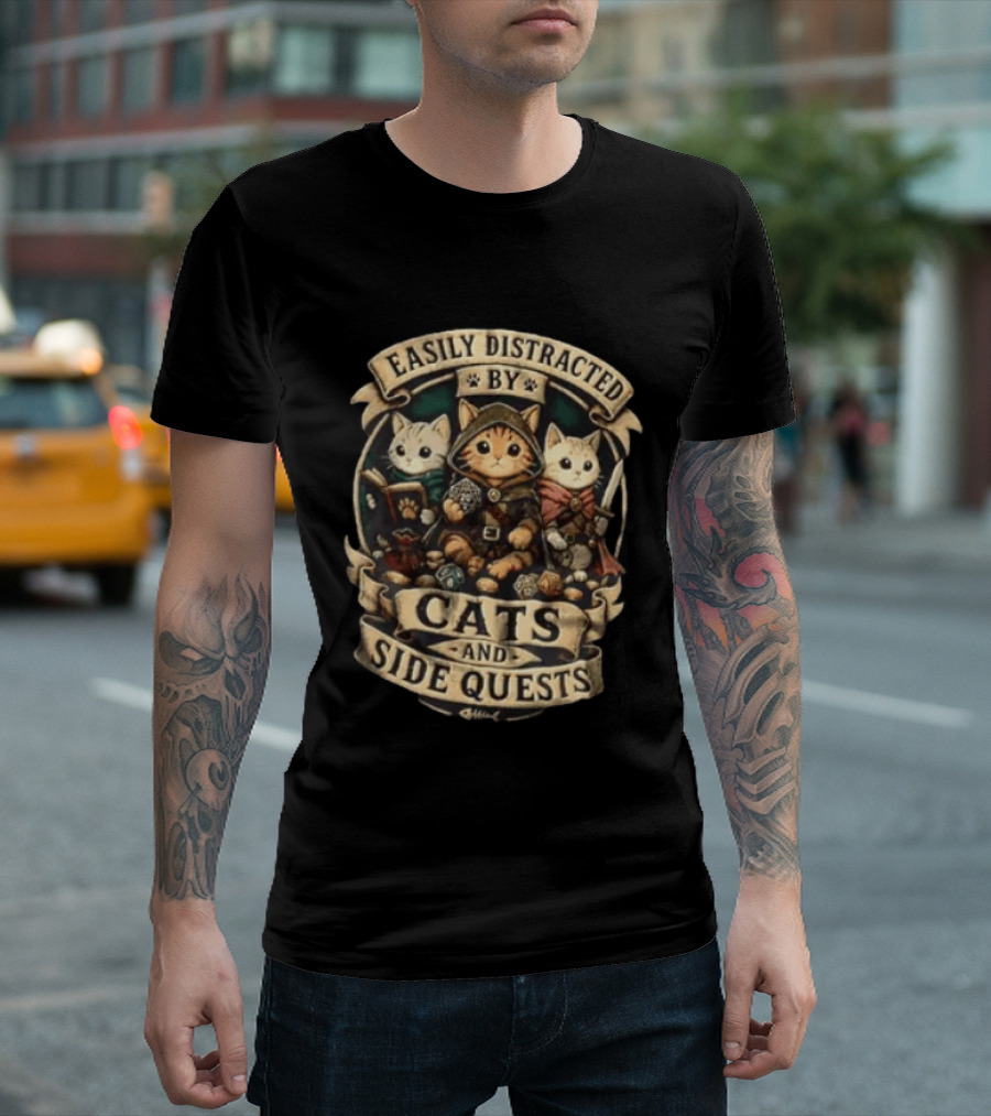 Easily Distracted By Cats And Side Quests Fantasy Adventure Cats T-Shirt