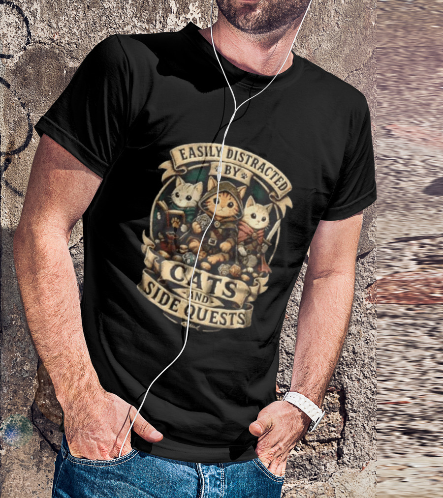 Easily Distracted By Cats And Side Quests Fantasy Adventure Cats T-Shirt
