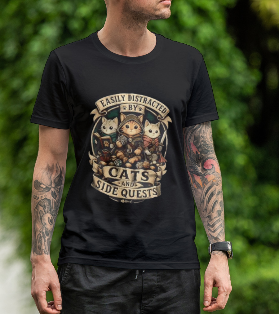 Easily Distracted By Cats And Side Quests Fantasy Adventure Cats T-Shirt