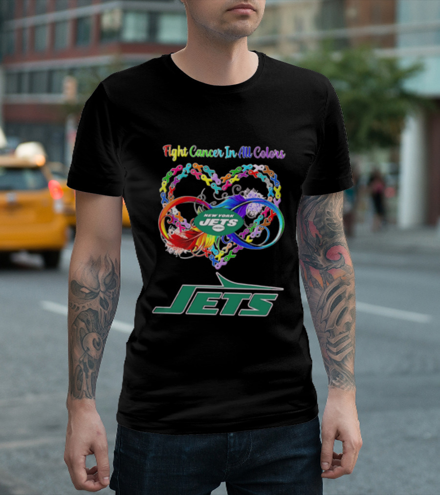 New York Jets Fight Cancer Rainbow Ribbons Infinity Heart Feather T-Shirt