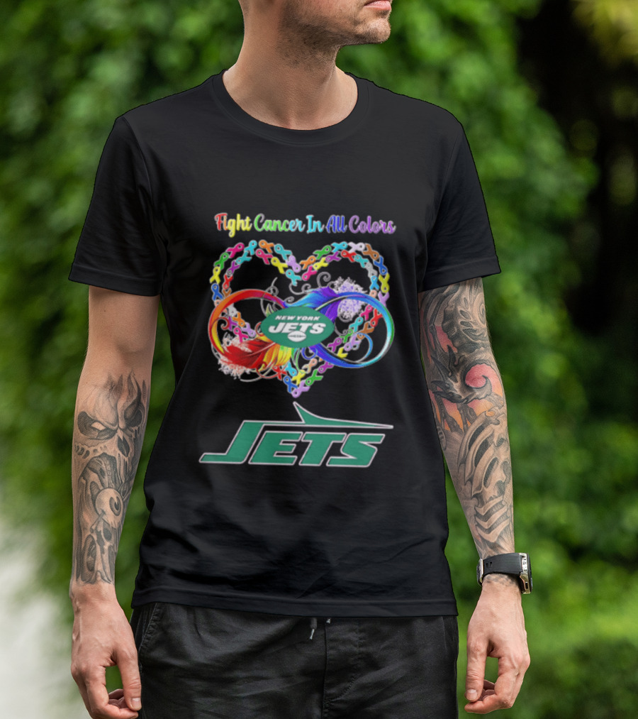 New York Jets Fight Cancer Rainbow Ribbons Infinity Heart Feather T-Shirt