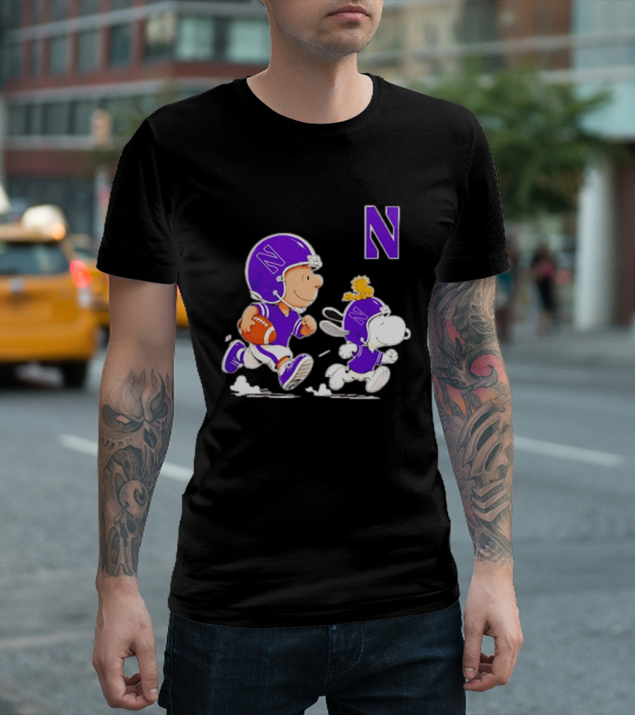 Northwestern Wildcats Charlie Brown Woodstock Snoopy Football Running T-Shirt