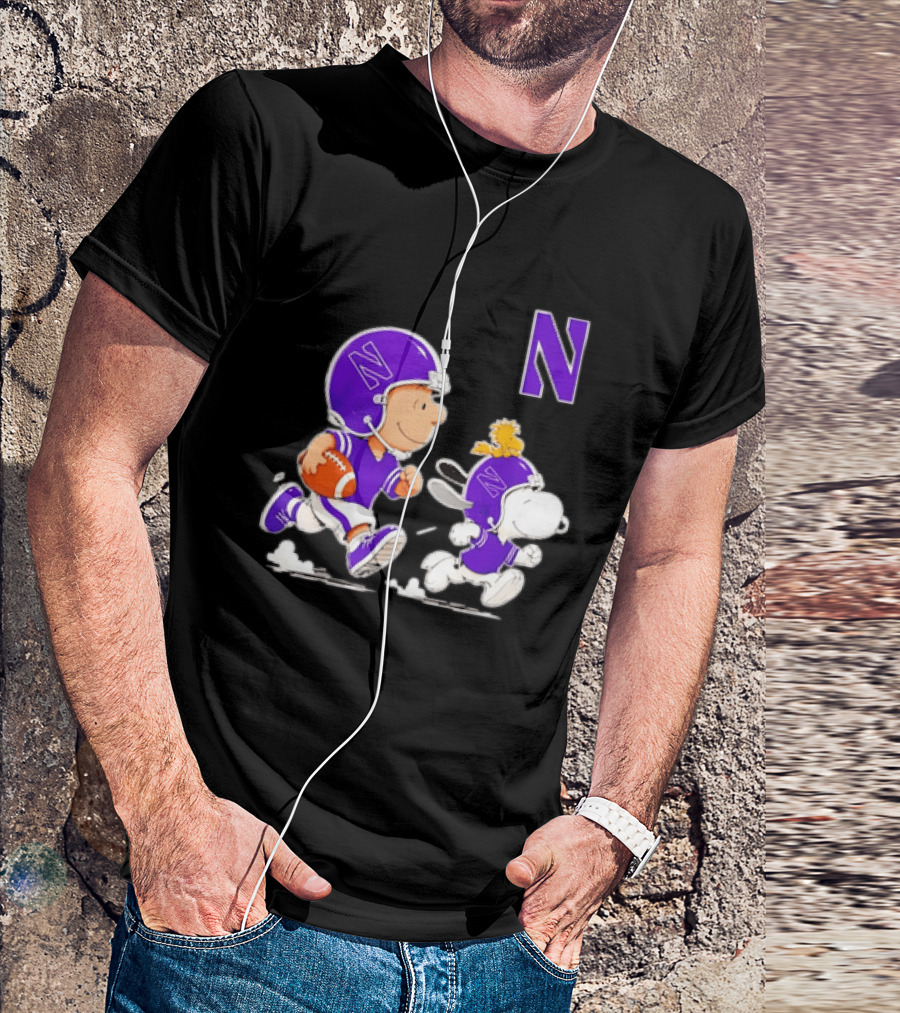 Northwestern Wildcats Charlie Brown Woodstock Snoopy Football Running T-Shirt