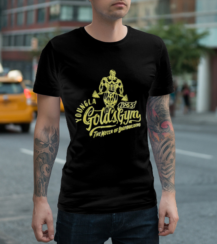 Youngla Golds Gym 1965 The Mecca Of Bodybuilding Muscular Man Holding Barbell T-Shirt