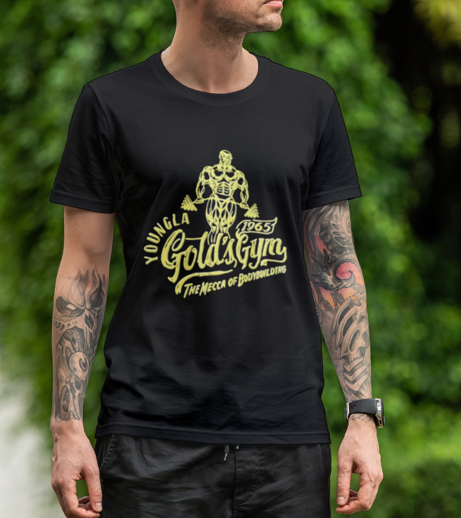Youngla Golds Gym 1965 The Mecca Of Bodybuilding Muscular Man Holding Barbell T-Shirt