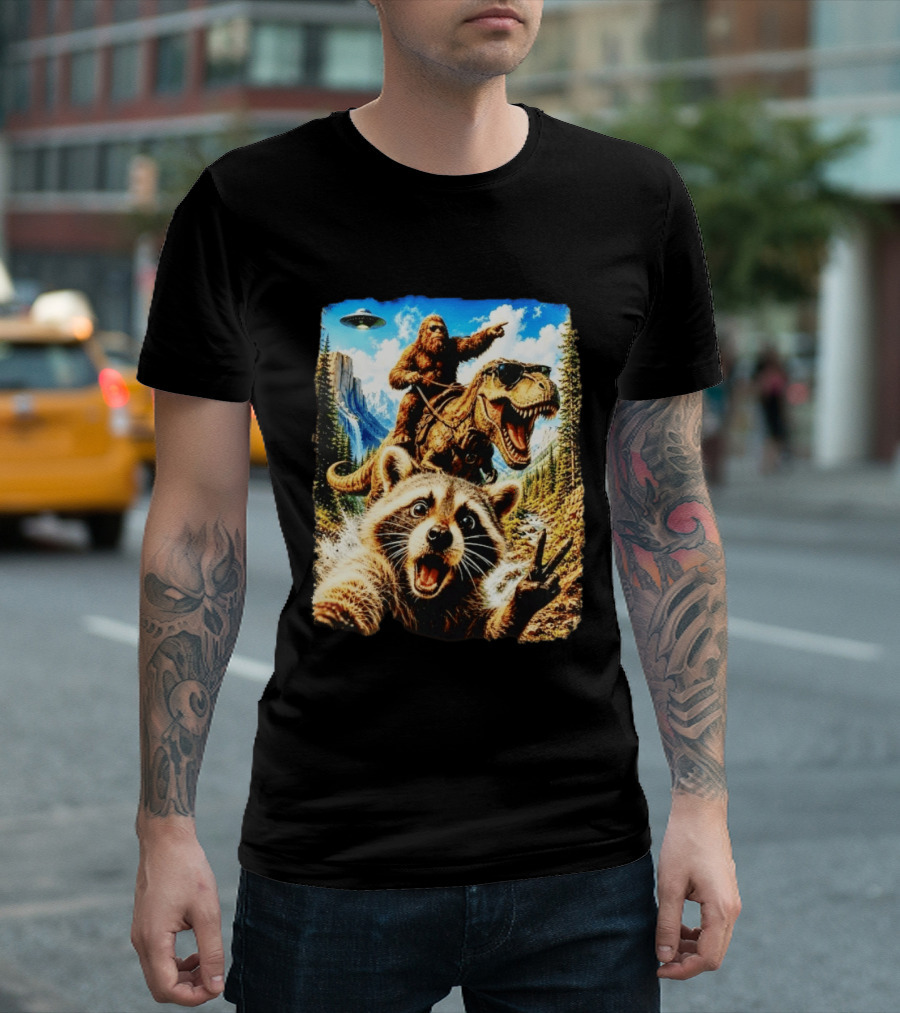 Raccoon Selfie Bigfoot Rex Adventure With UFO And Mountains T-Shirt