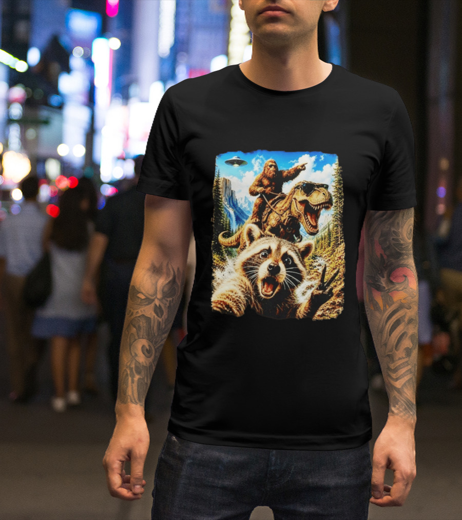 Raccoon Selfie Bigfoot Rex Adventure With UFO And Mountains T-Shirt