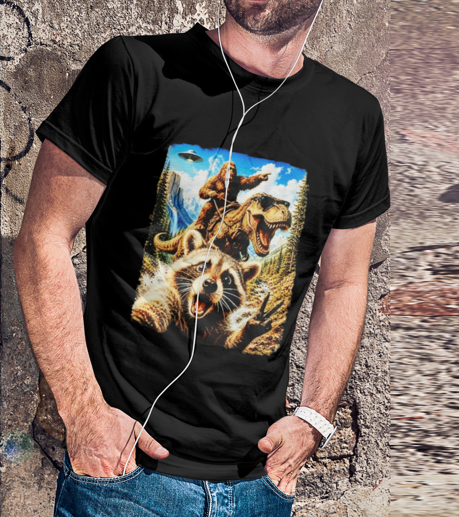 Raccoon Selfie Bigfoot Rex Adventure With UFO And Mountains T-Shirt