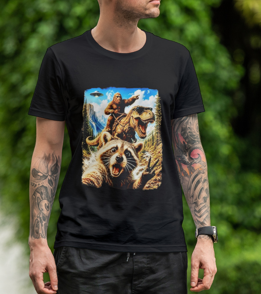 Raccoon Selfie Bigfoot Rex Adventure With UFO And Mountains T-Shirt