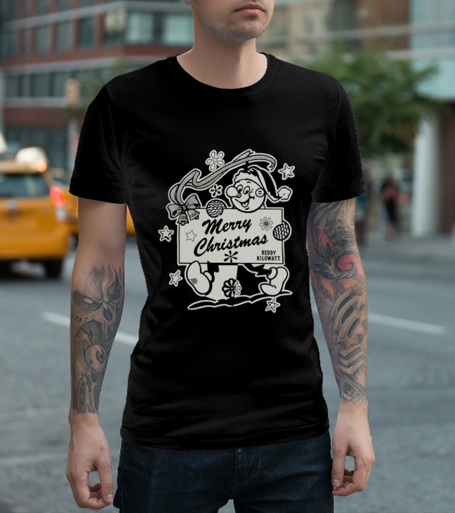 Reddy Kilowatt Merry Christmas Holiday Print Concept With Snowflakes T-Shirt