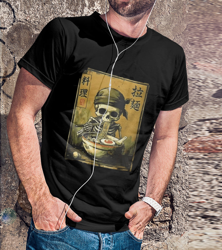 Skeleton Ramen Eating Kanji Cooking Noodles T-Shirt