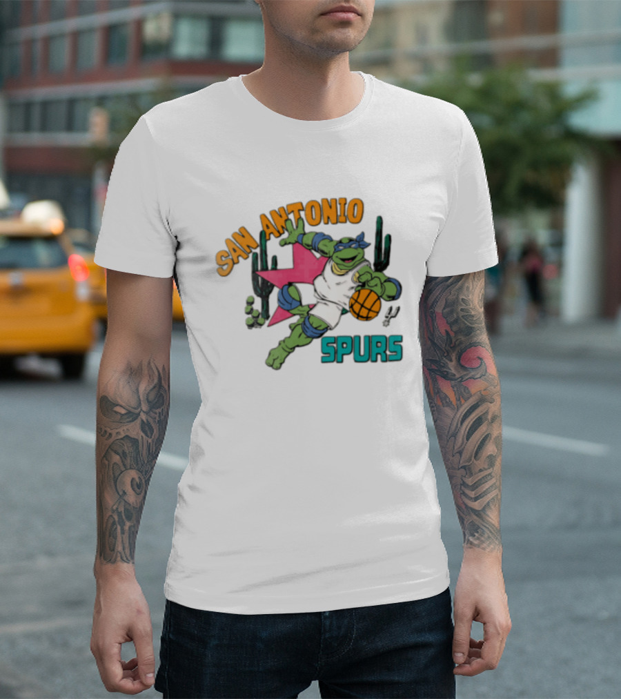 San Antonio Spurs Cartoon Turtle Dribbling Basketball Cacti T-Shirt