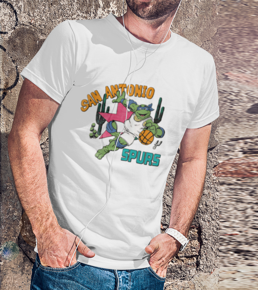 San Antonio Spurs Cartoon Turtle Dribbling Basketball Cacti T-Shirt