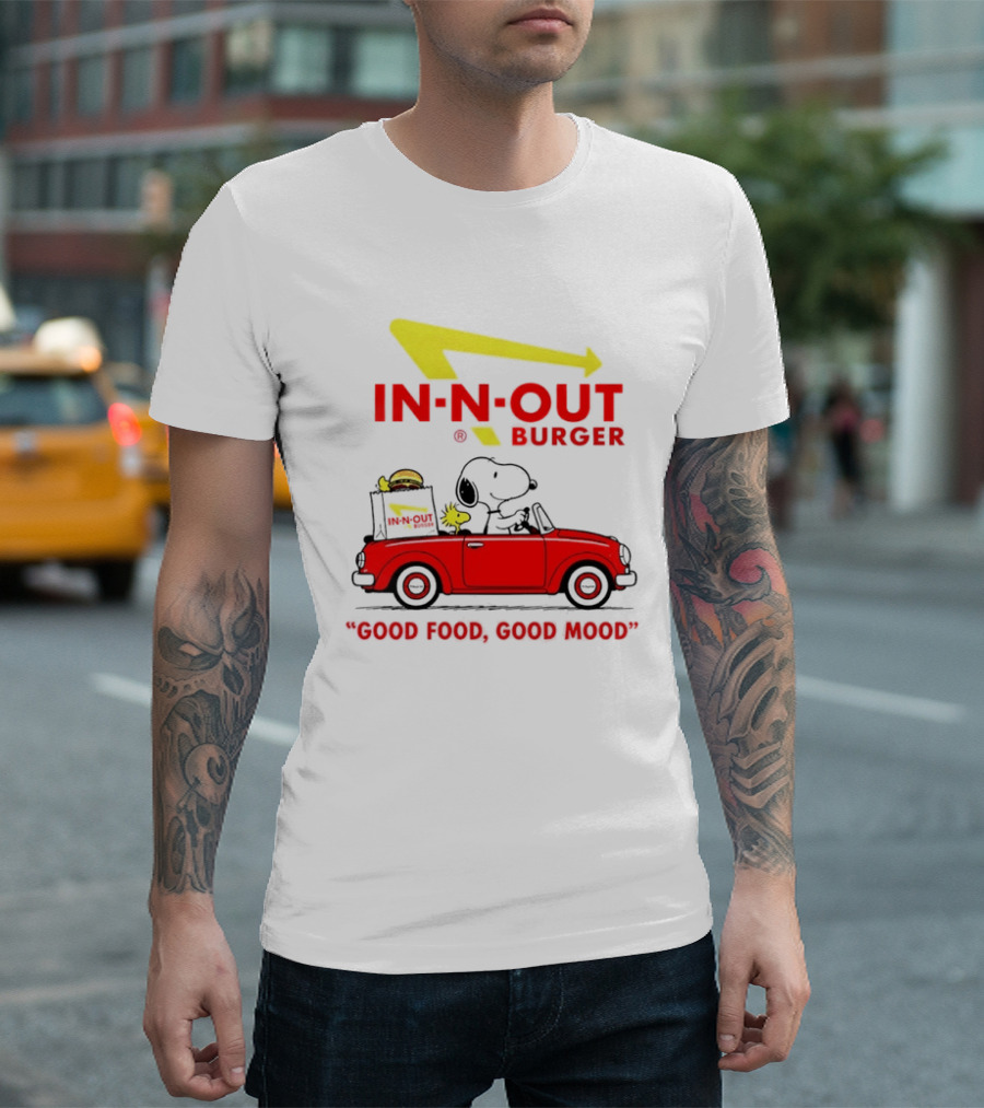 In N Out Burger Snoopy Woodstock Driving Red Convertible Good Food Good Mood T-Shirt