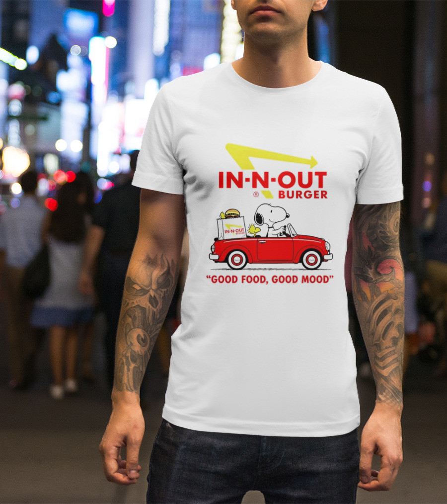 In N Out Burger Snoopy Woodstock Driving Red Convertible Good Food Good Mood T-Shirt