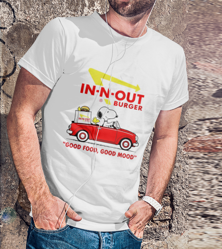 In N Out Burger Snoopy Woodstock Driving Red Convertible Good Food Good Mood T-Shirt