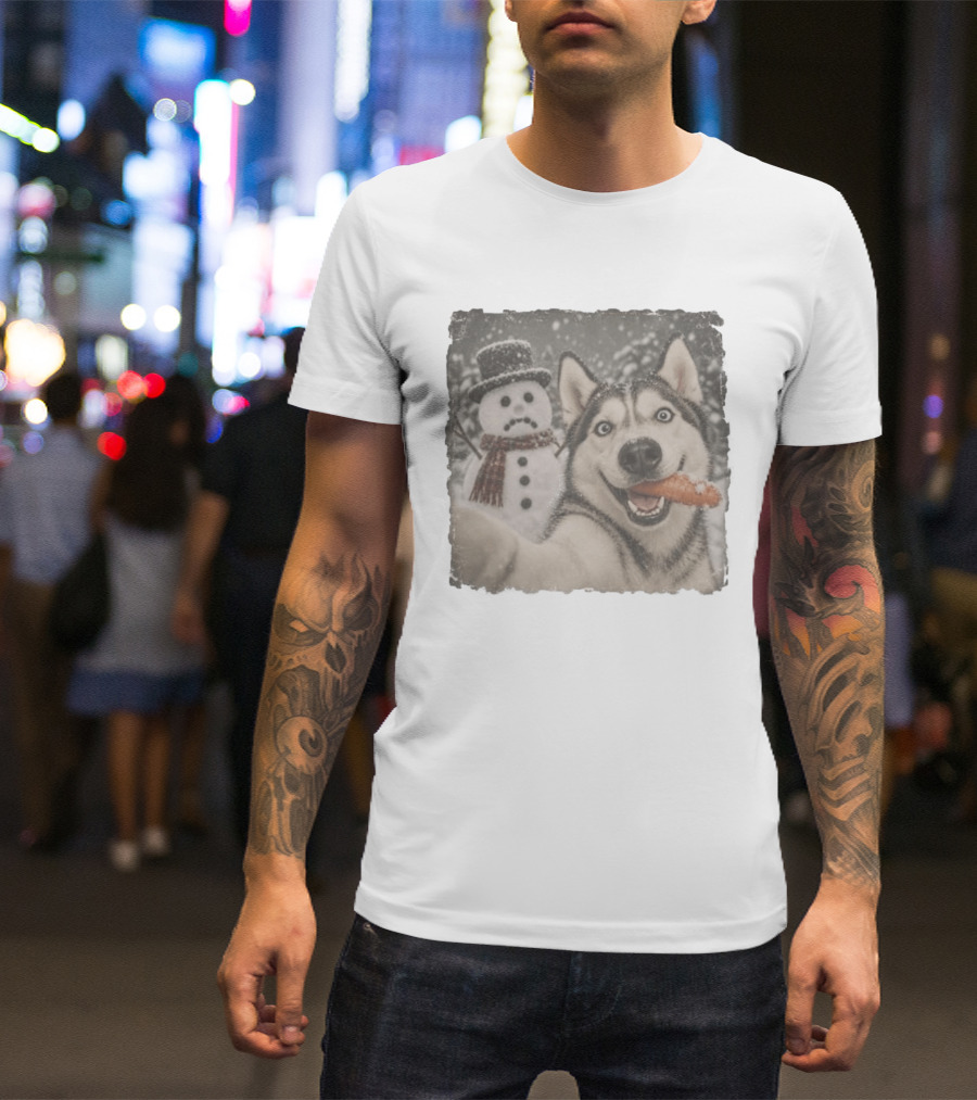 A Sled Dog With A Carrot And A Sad Snowman In A Snowy Winter Scene T-Shirt