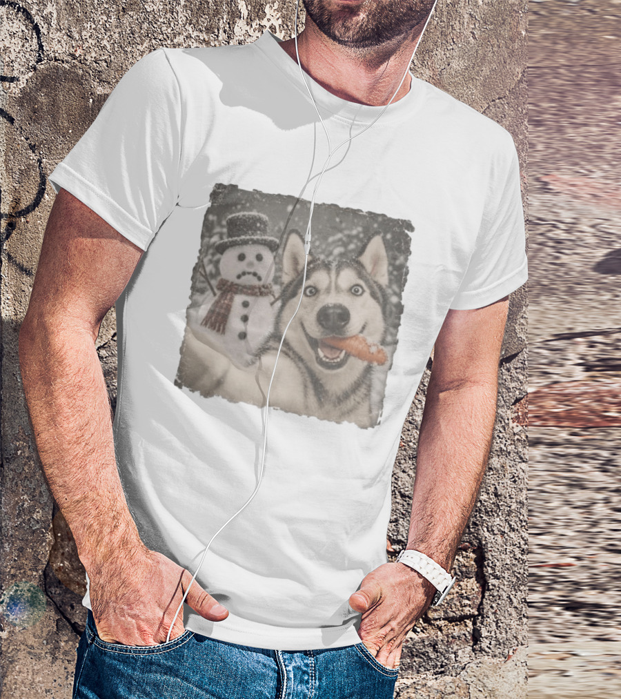 A Sled Dog With A Carrot And A Sad Snowman In A Snowy Winter Scene T-Shirt