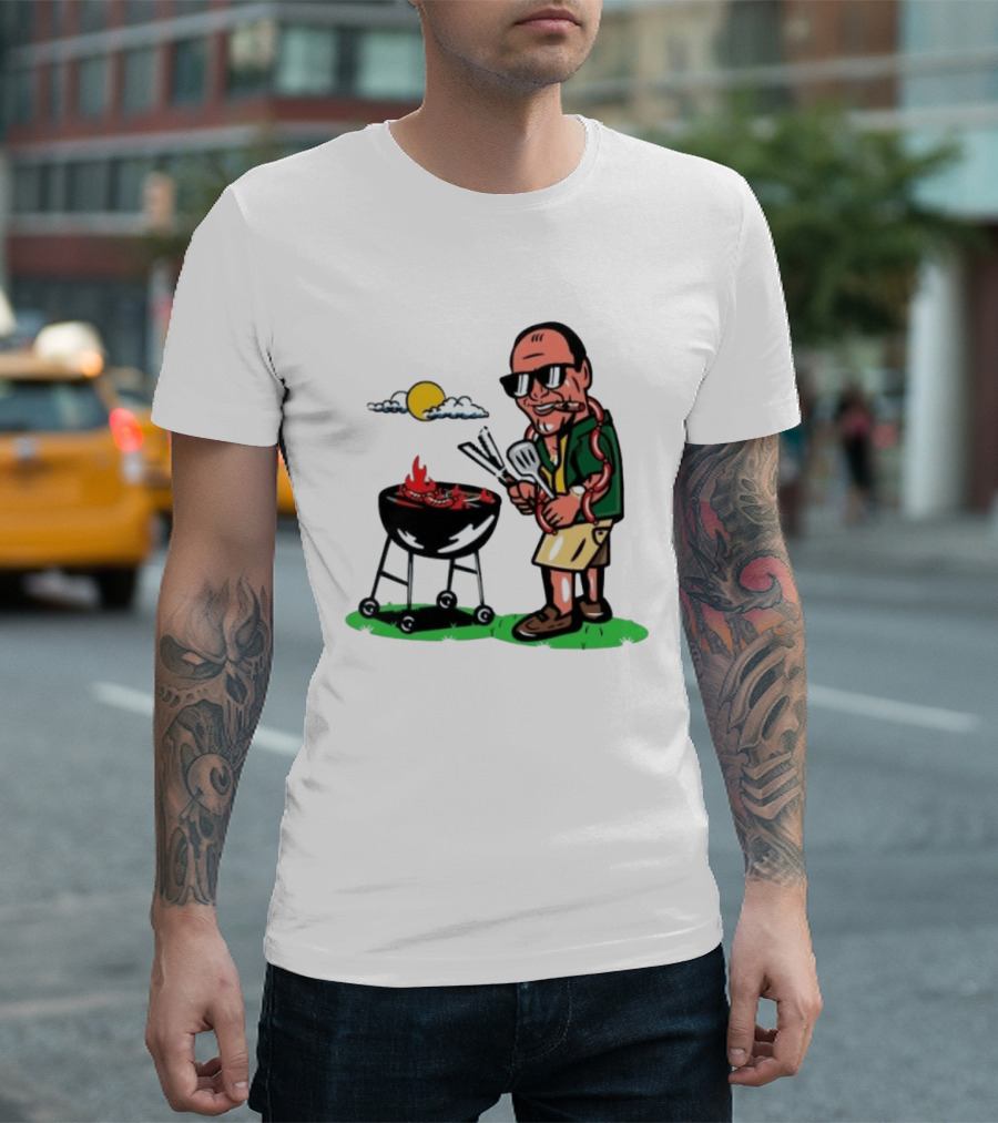 Tony Soprano Grilling Sausages Cartoon Funny BBQ Scene T-Shirt