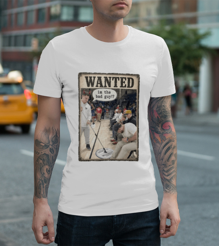 Wanted Im The Bad Guy Wintrust Arena Man Sweeping Floor Devil Horns T-Shirt