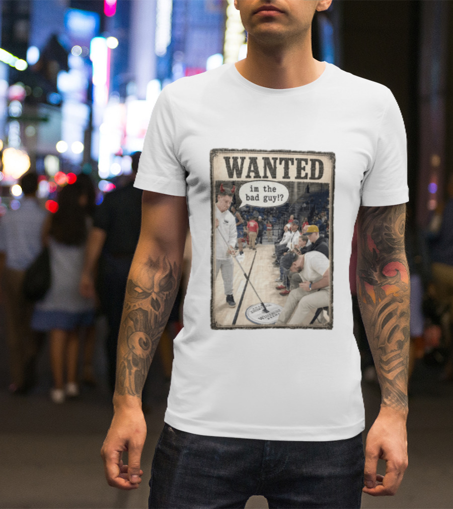 Wanted Im The Bad Guy Wintrust Arena Man Sweeping Floor Devil Horns T-Shirt