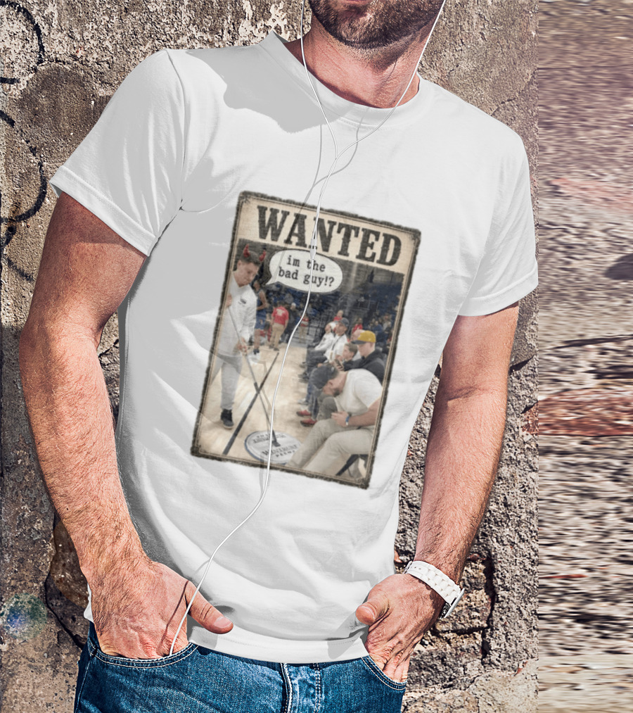 Wanted Im The Bad Guy Wintrust Arena Man Sweeping Floor Devil Horns T-Shirt
