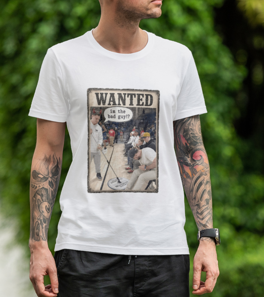 Wanted Im The Bad Guy Wintrust Arena Man Sweeping Floor Devil Horns T-Shirt