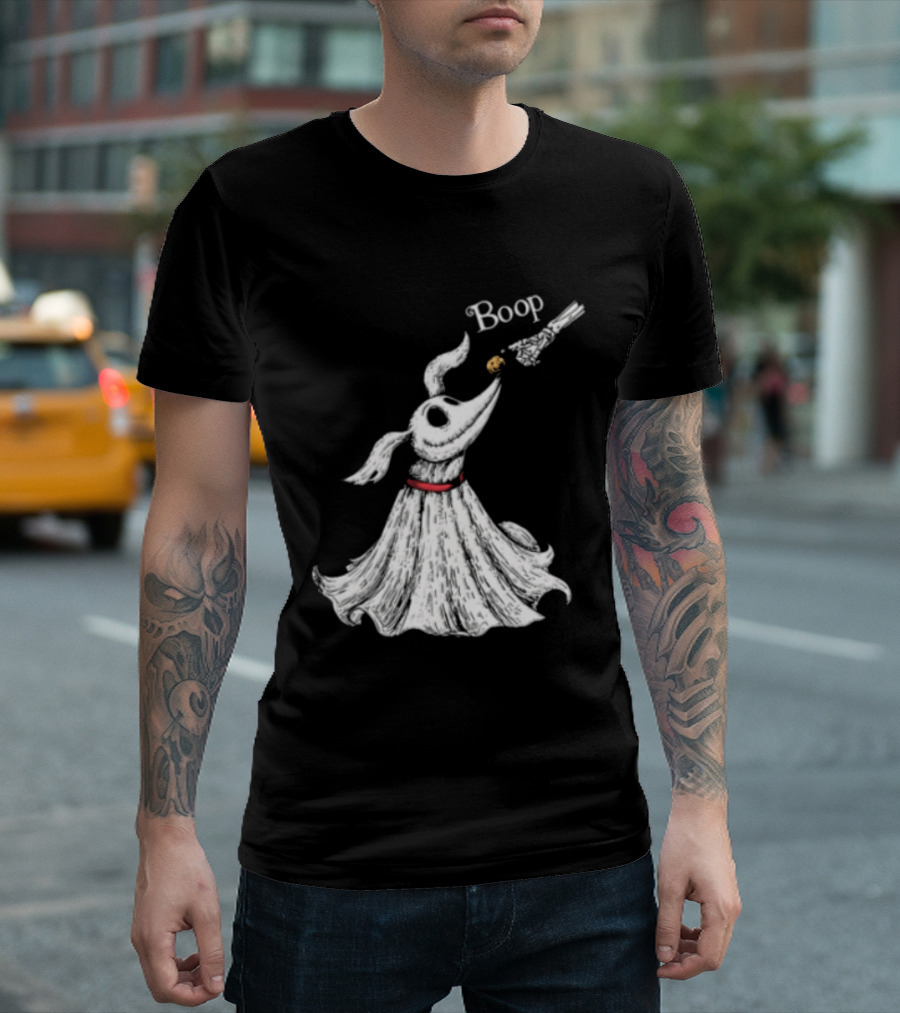 Boop Skeletal Hand Touching Pumpkin Nose With Ghostly Dog Line Sketch T-Shirt
