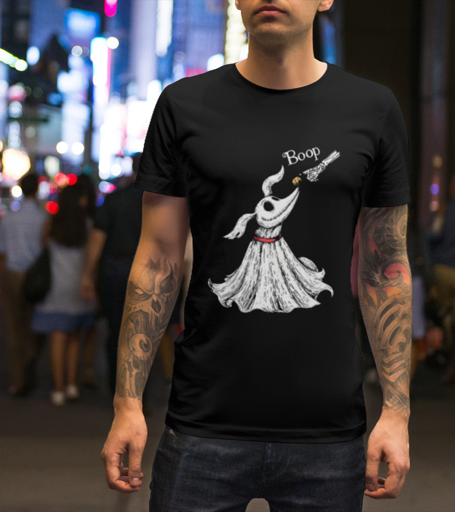 Boop Skeletal Hand Touching Pumpkin Nose With Ghostly Dog Line Sketch T-Shirt