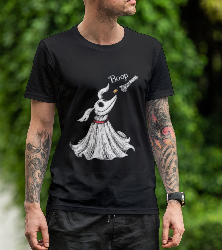Boop Skeletal Hand Touching Pumpkin Nose With Ghostly Dog Line Sketch T-Shirt