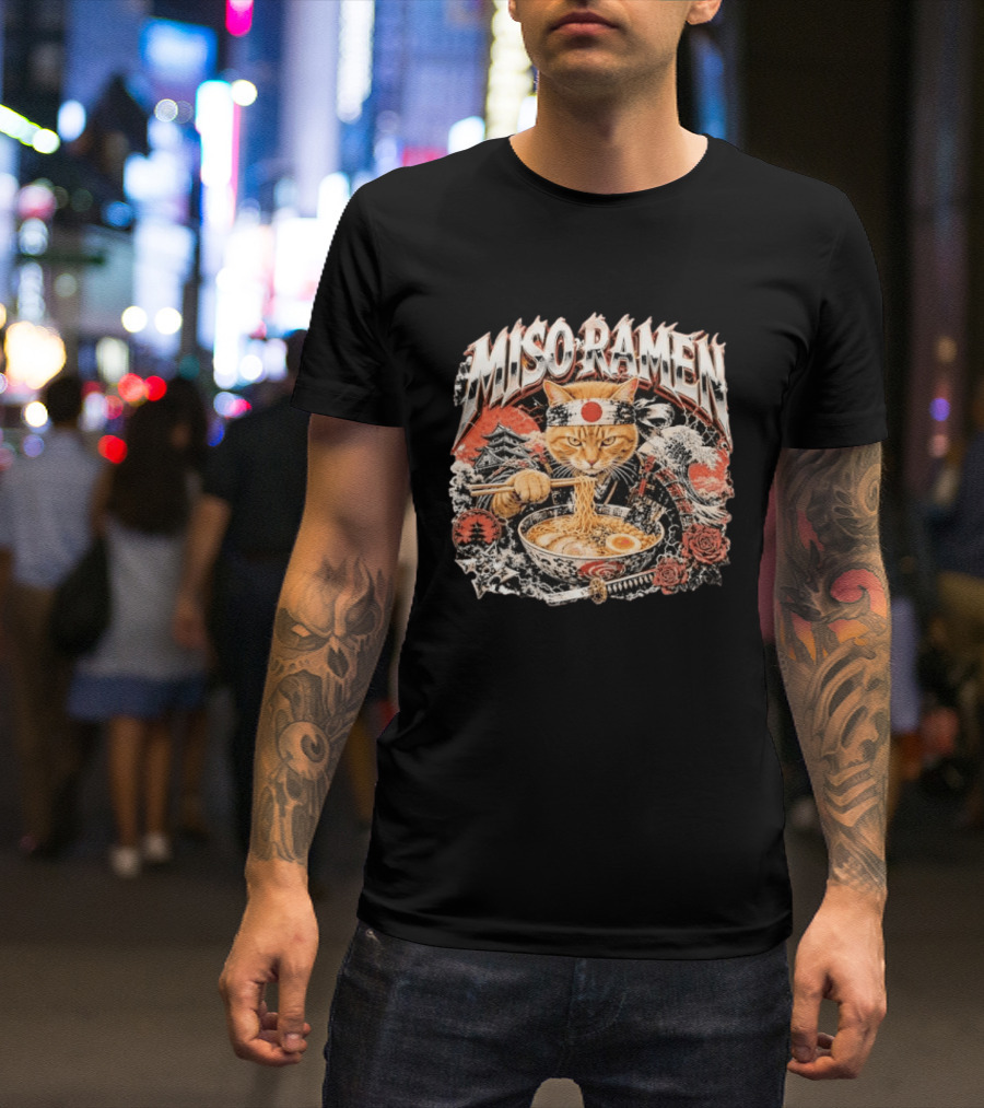 Miso Ramen Samurai Cat Japanese Foodie Bowls Japan Culture T-Shirt
