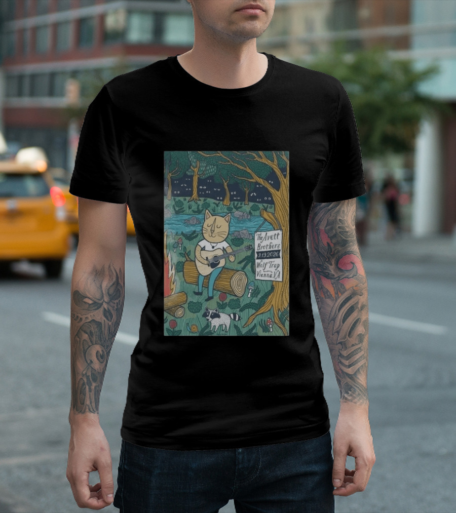 The Avett Brothers Wolf Trap Vienna Virginia 2026 Concert Cat Playing Guitar In Forest Scene T-Shirt